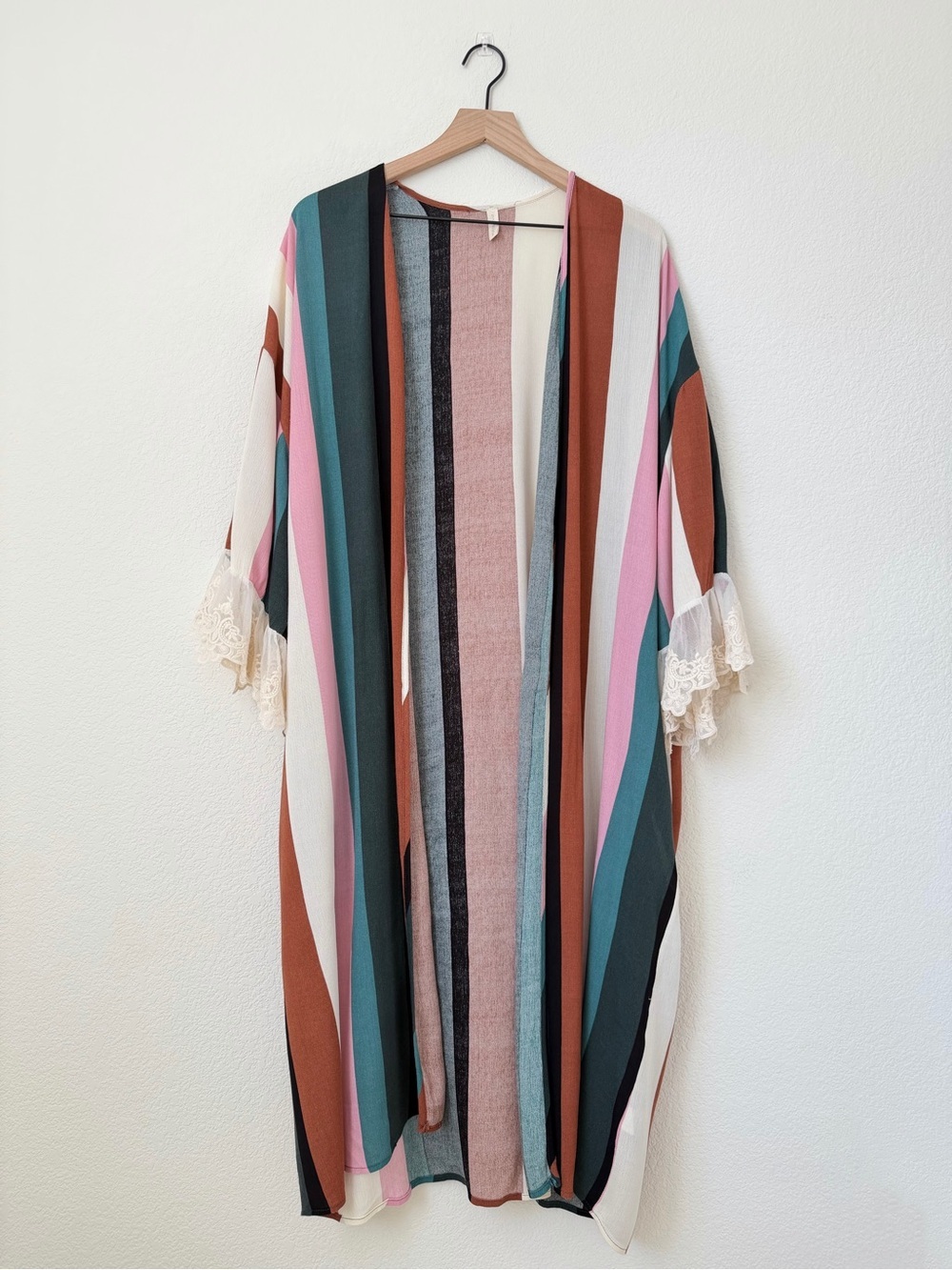 Pinkblush Multicolor Vertical Stripes Open Front Lace Wide Cuffs Kimono Size L - Picture 4 of 8